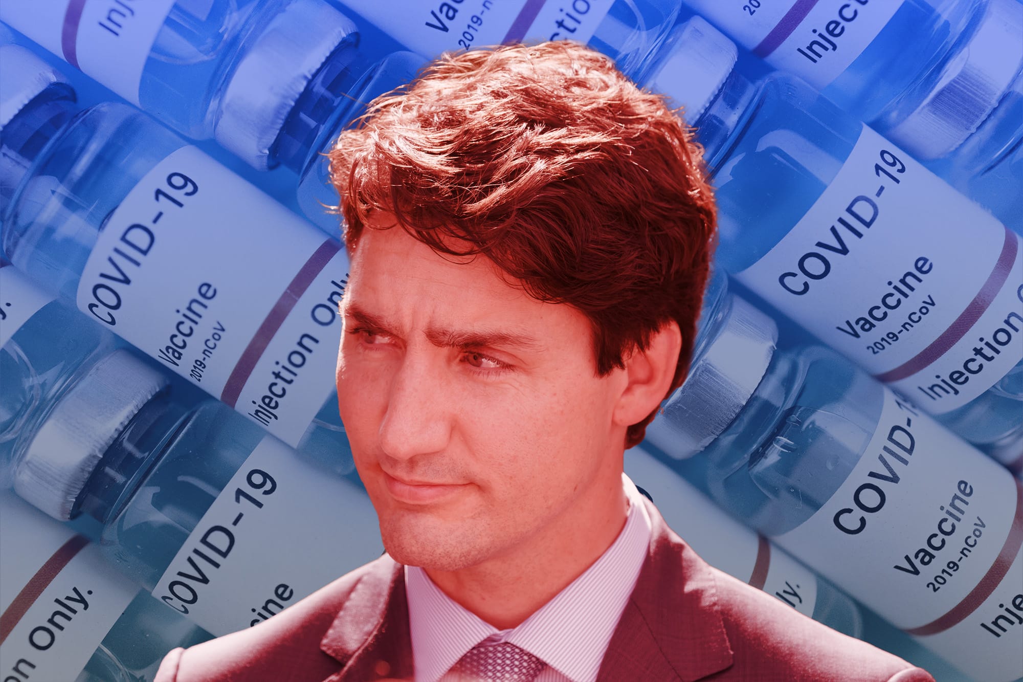 Justin Trudeau in front of COVID vaccines.