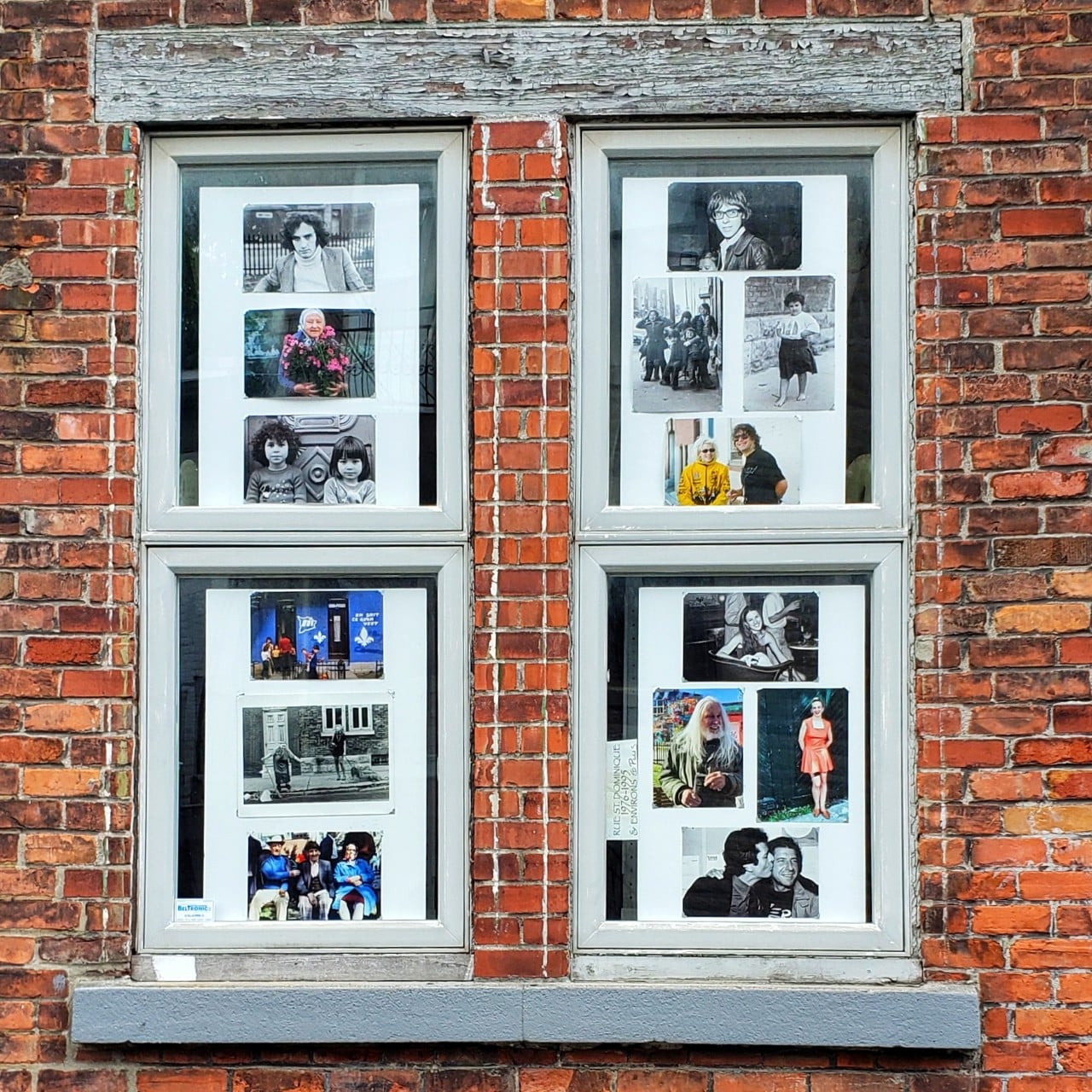 Photographs of Cohen and others displayed in two windows on a brick wall.