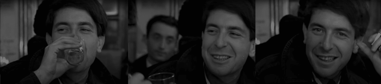 Three images of Cohen in a bar, drinking, smiling and smoking.
