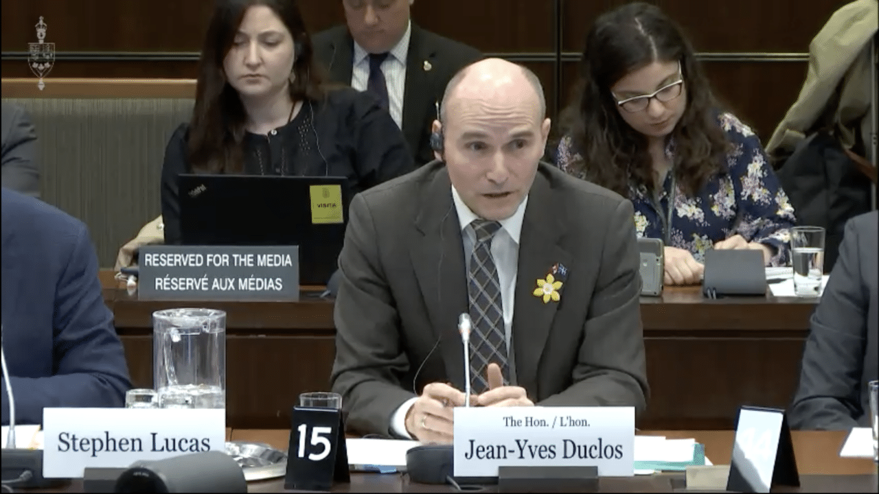 Health Minister Jean-Yves Duclos testifies before a Parliamentary committee on April 27, 2023 in Ottawa. The hearing was sparked by exclusive reporting in The Breach about Duclos' intervention with Canada's drug-price regulator.