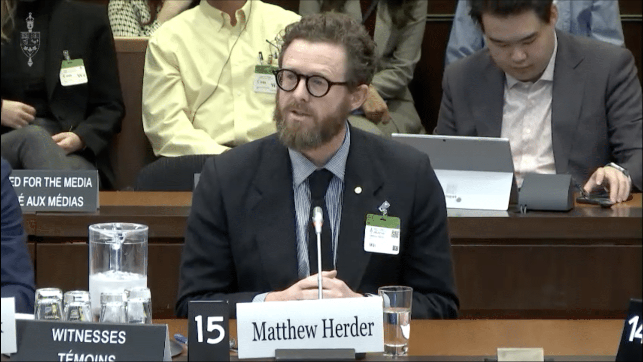 Former PMPRB board member Matthew Herder testifies before a Parliamentary committee on May 2, 2023. He described Duclos' letter as 'indistinguishable' from Big Pharma industry talking points. Credit: Parliament of Canada