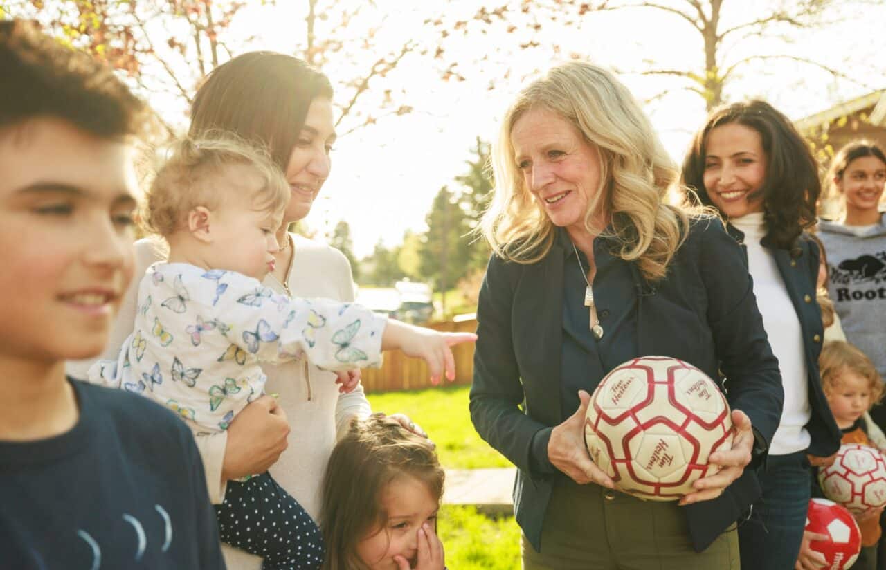 Rachel Notley promotes the Alberta NDP’s 'Kids’ Activity Tax Credit' as wildfires burn across the province on Thursday.