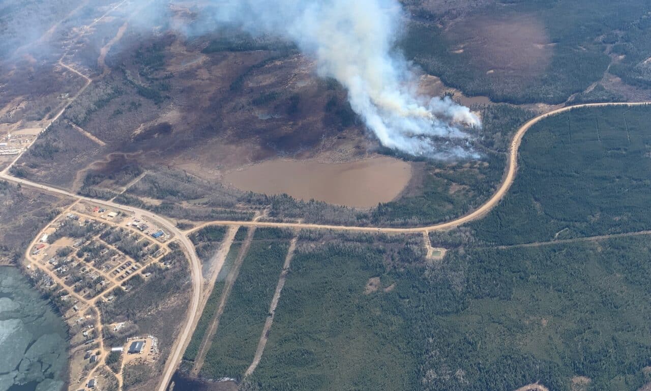 A wildfire in the Anzac area near Fort McMurray, Alta. is seen in an aerial shot on May 3, 2023.