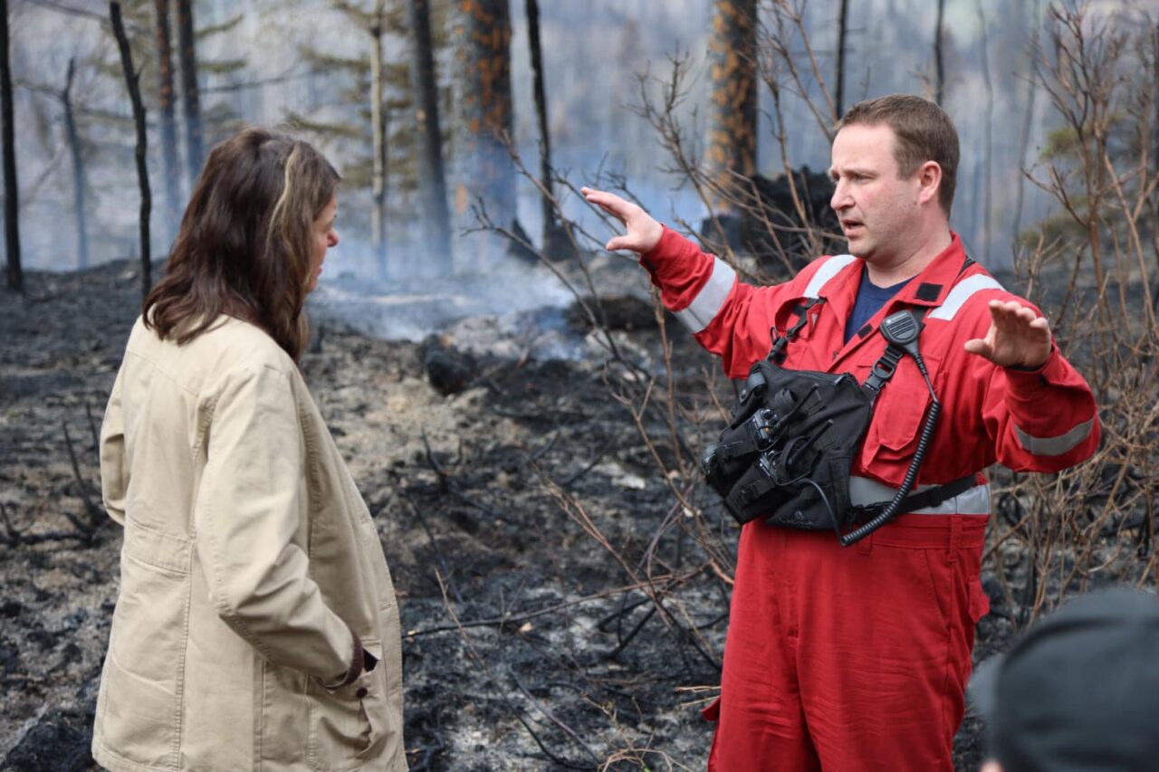 Alberta UCP Leader Danielle Smith tours areas affected by wildfires nears Entwistle, Alta. on Monday.