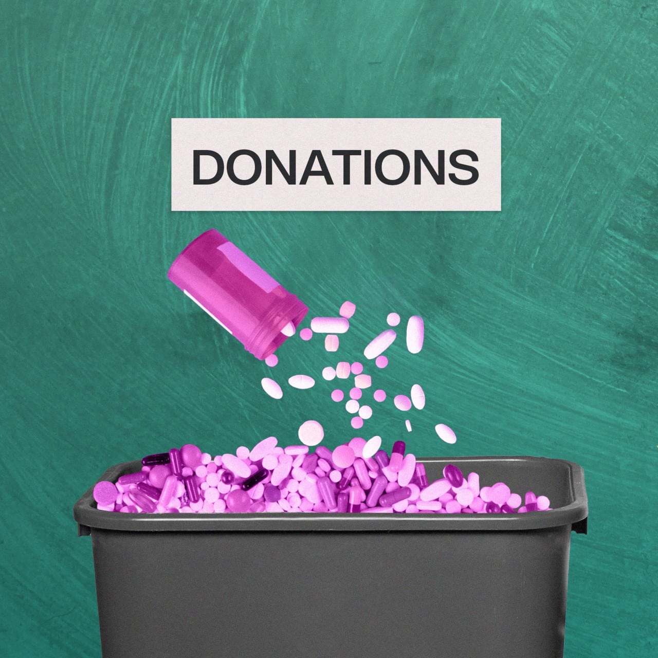 Illustration shows a bottle of medication being tossed into a bin marked "donations"