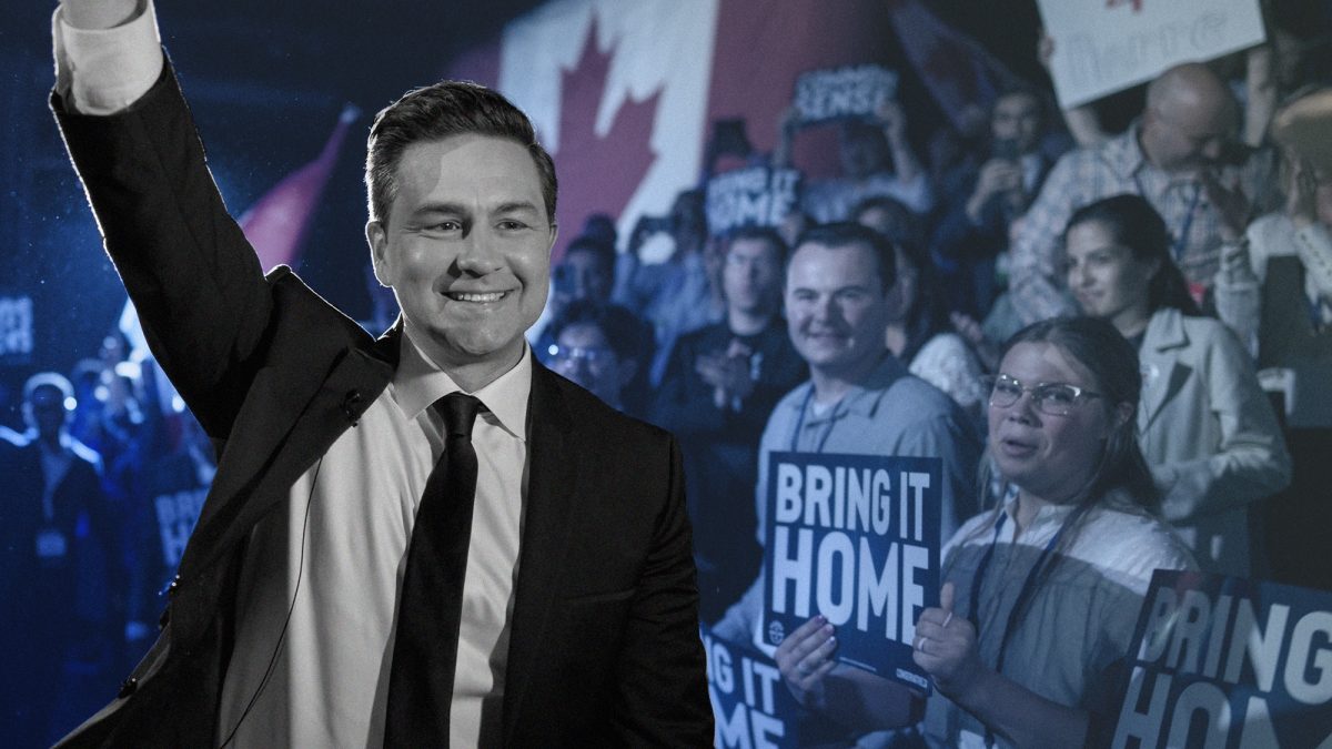 Pierre Poilievre is seen waving to the crowd at the Conservative party's 2023 convention in Quebec City.