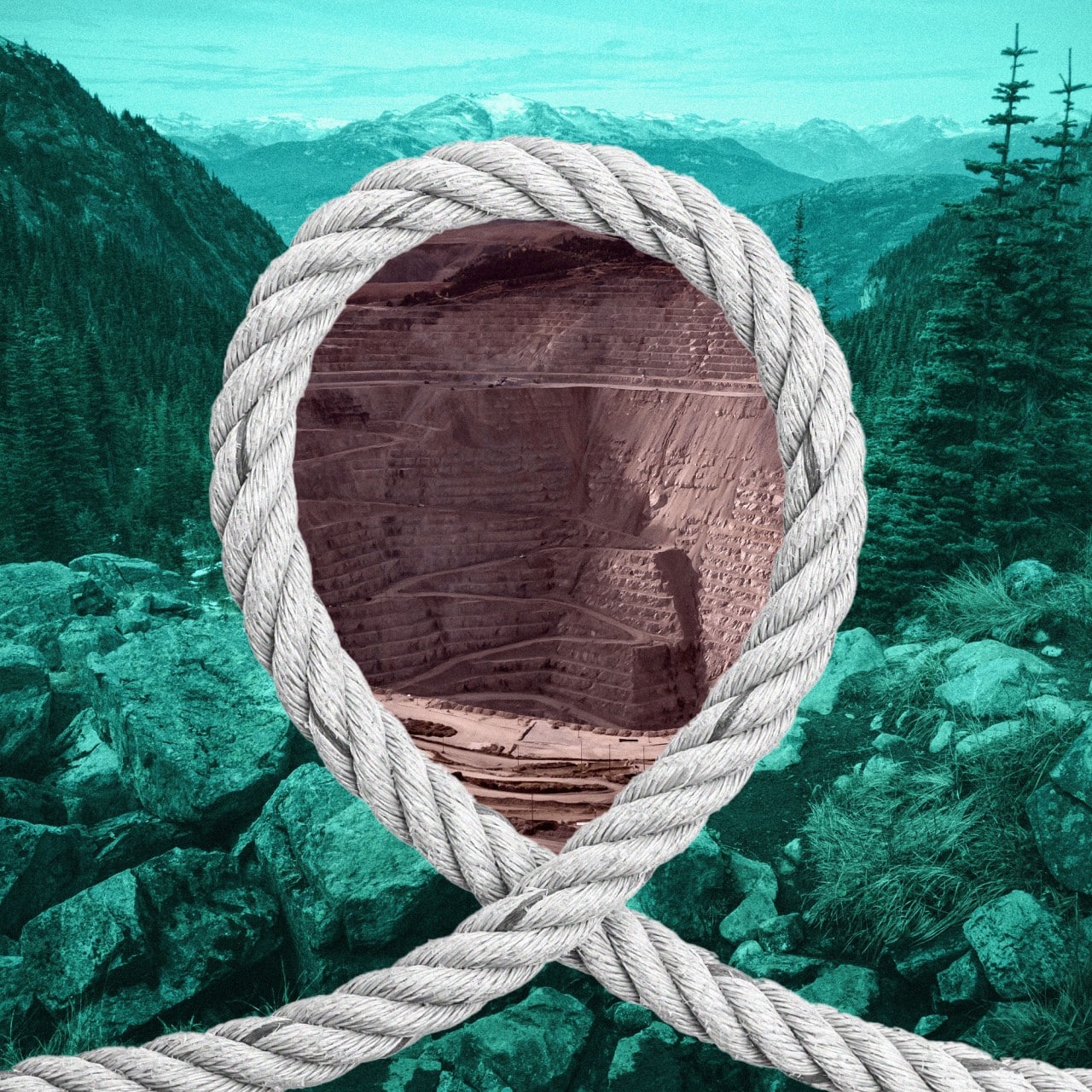 Image shows a "loophole" around damage caused by a mining project, surrounded by a mountainous landscape.
