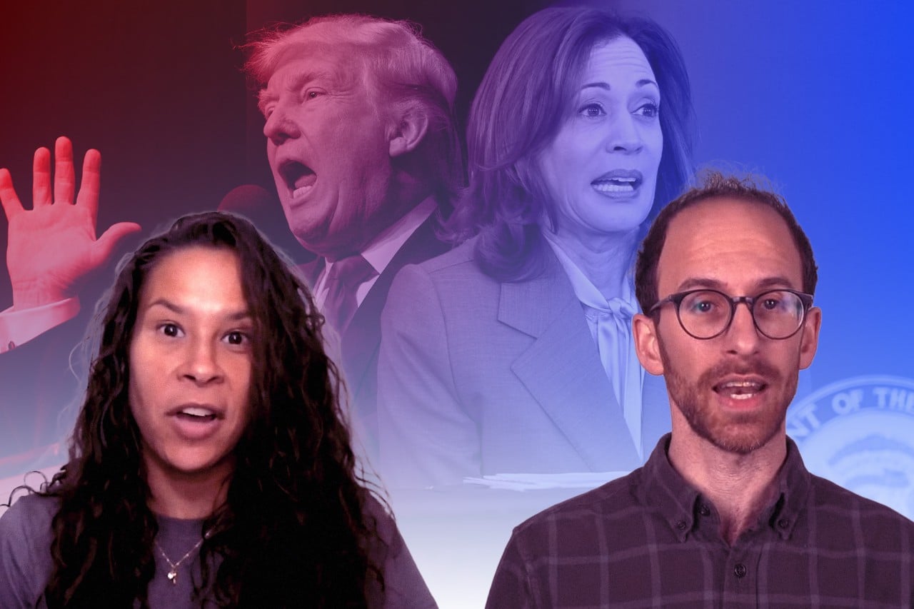 A woman and a man stand in front of Kamala Harris and Donald Trump.