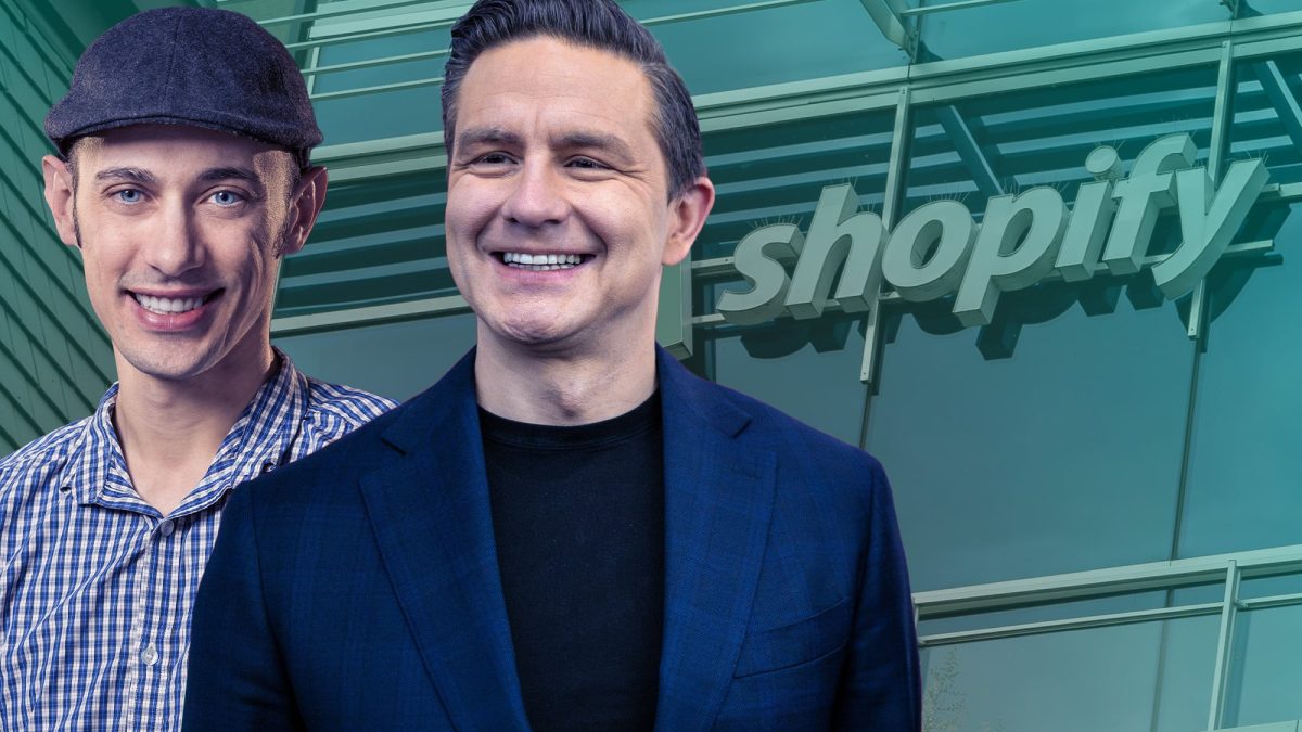 Shopify founder Tobias Lütke and Pierre Poilievre stand against a Shopify background