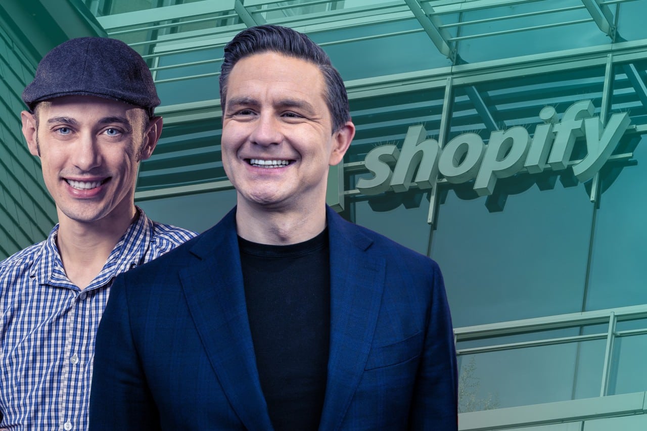 Shopify founder Tobias Lütke and Pierre Poilievre stand against a Shopify background