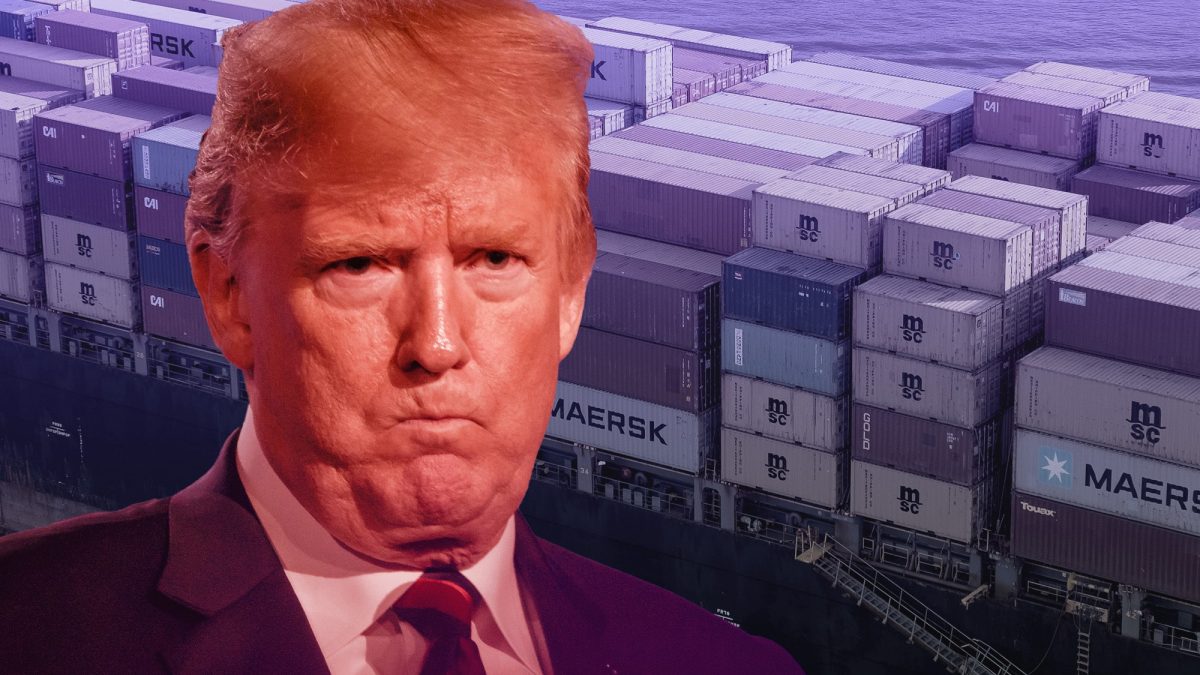 Donald Trump frowns in front of cargo ship.