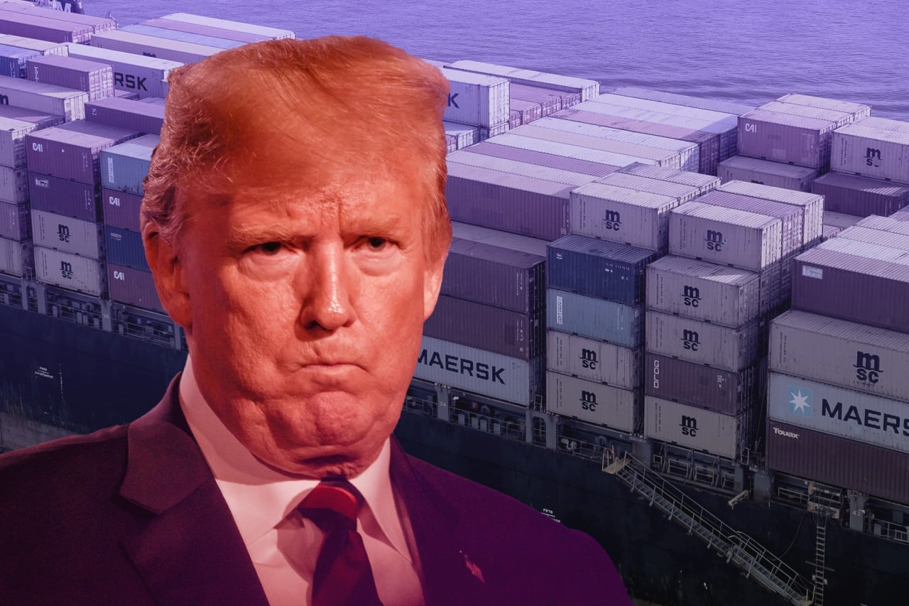 Donald Trump frowns in front of cargo ship.