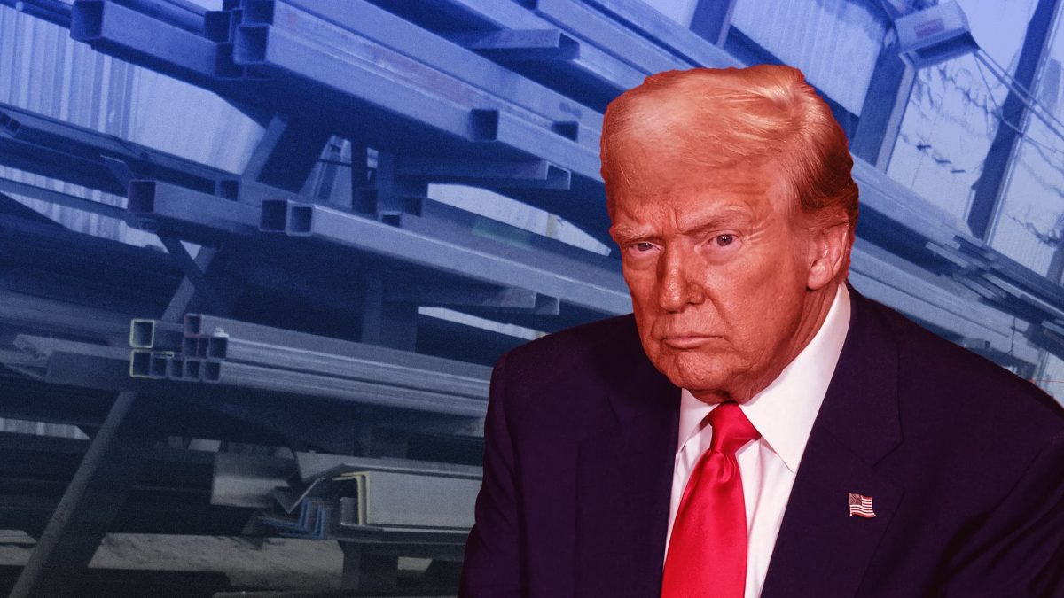 Image of U.S. President Donald Trump against a background of steel bars.