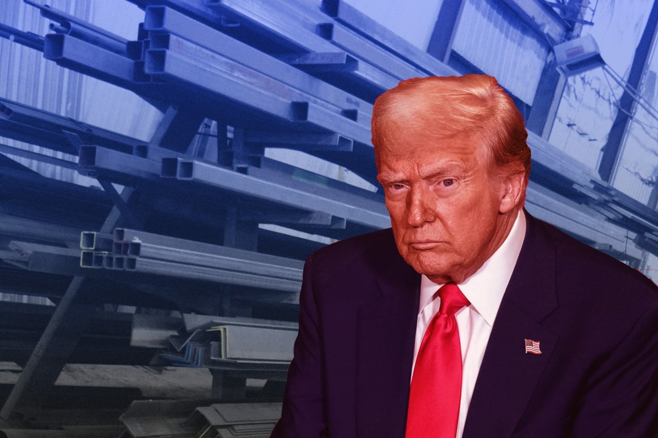 Image of U.S. President Donald Trump against a background of steel bars.