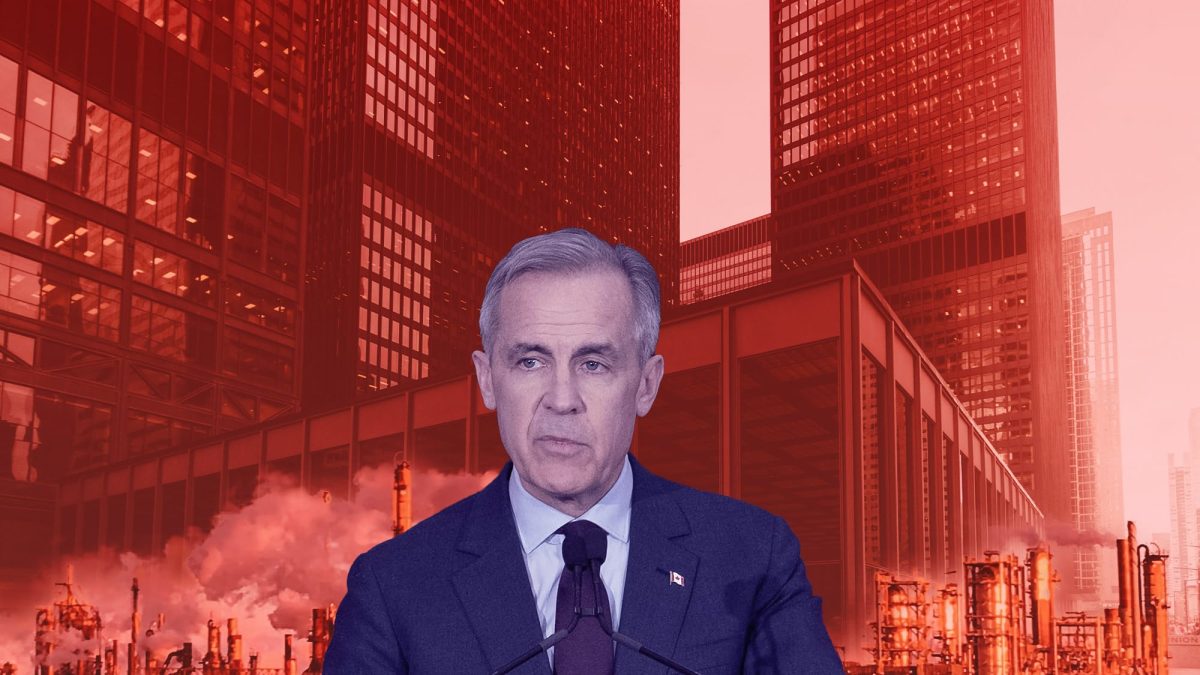 A picture of Mark Carney in the foreground. In the background, a bank skyline and polluting factories.