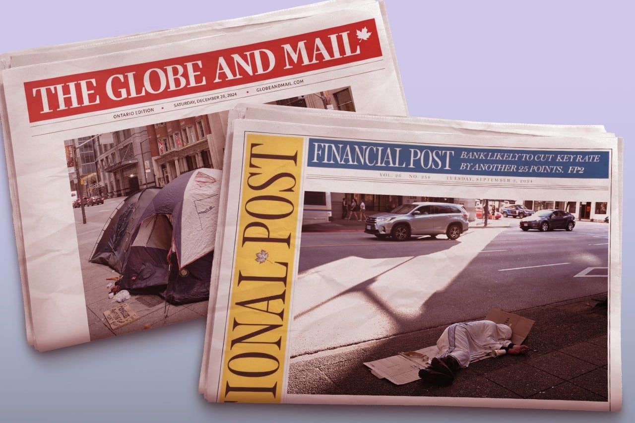 Copies of The Globe and Mail and The National Post featuring front-page stories with photos of unhoused people.
