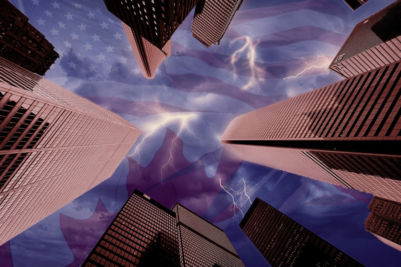 Bay Street skyscrapers with stormy clouds in the background