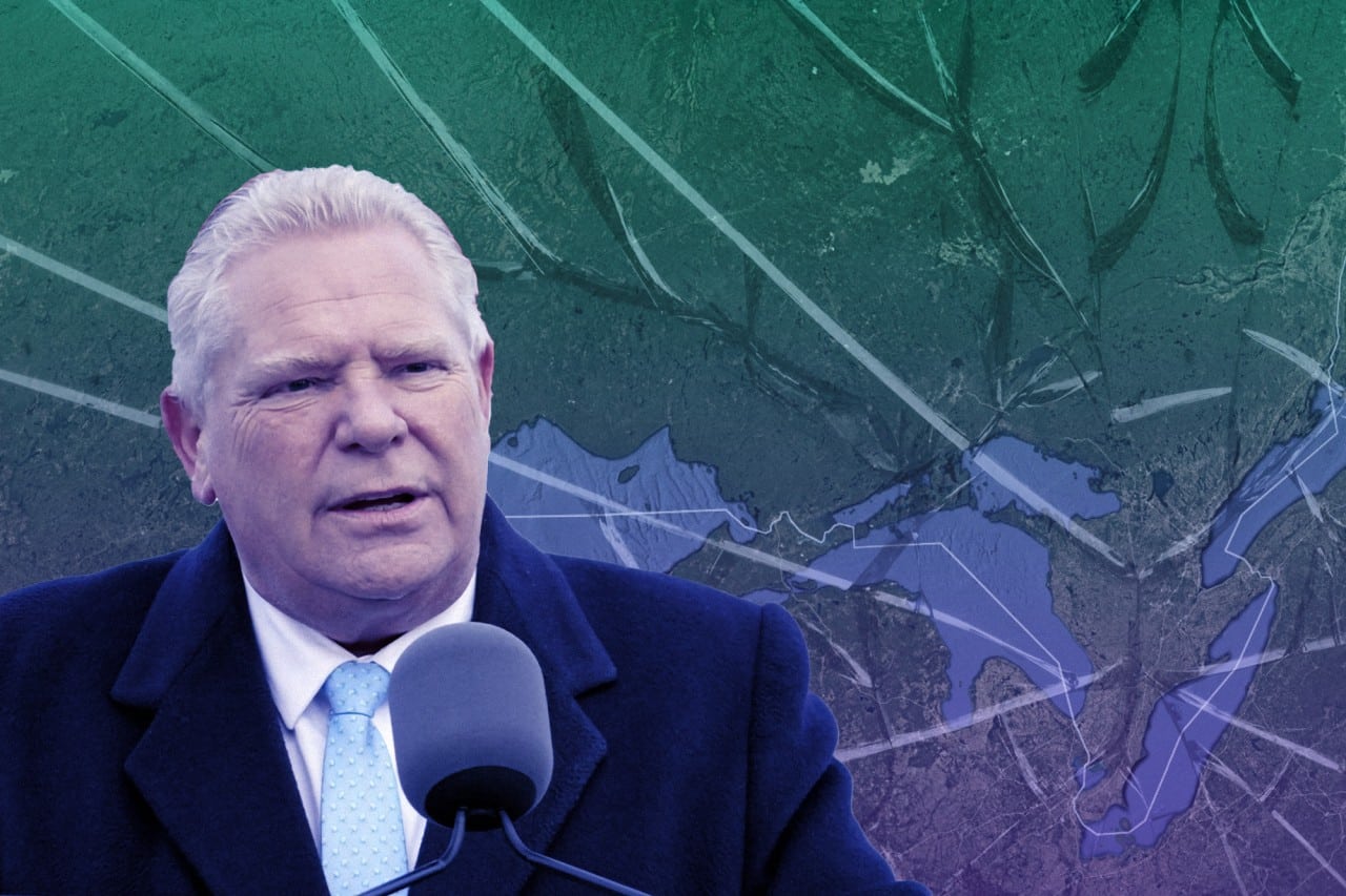 Doug Ford gives a press conference in front of a shattered map of Ontario.