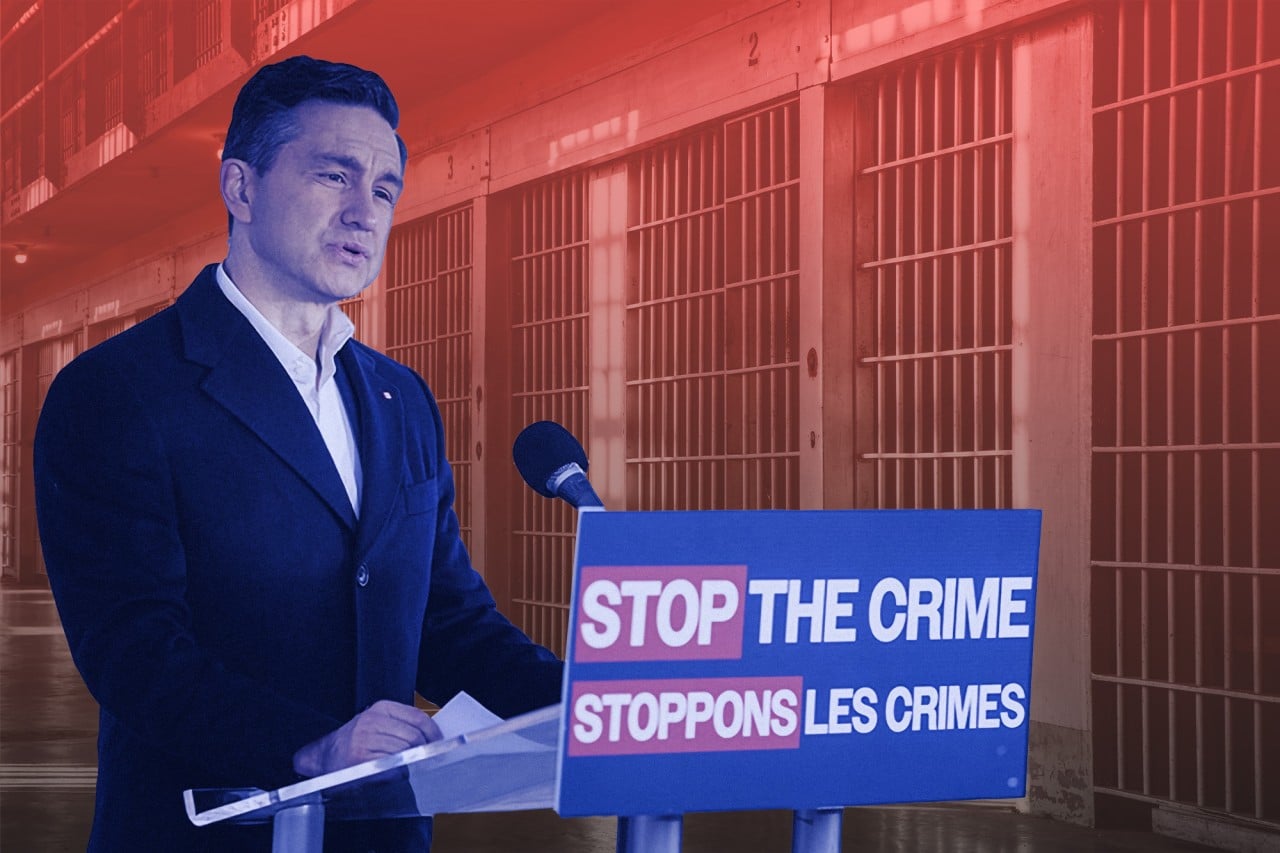 Picture of Pierre Poilievre at a press conference, standing behind a podium that reads ‘Stop the Crime’, with prison bars in the background