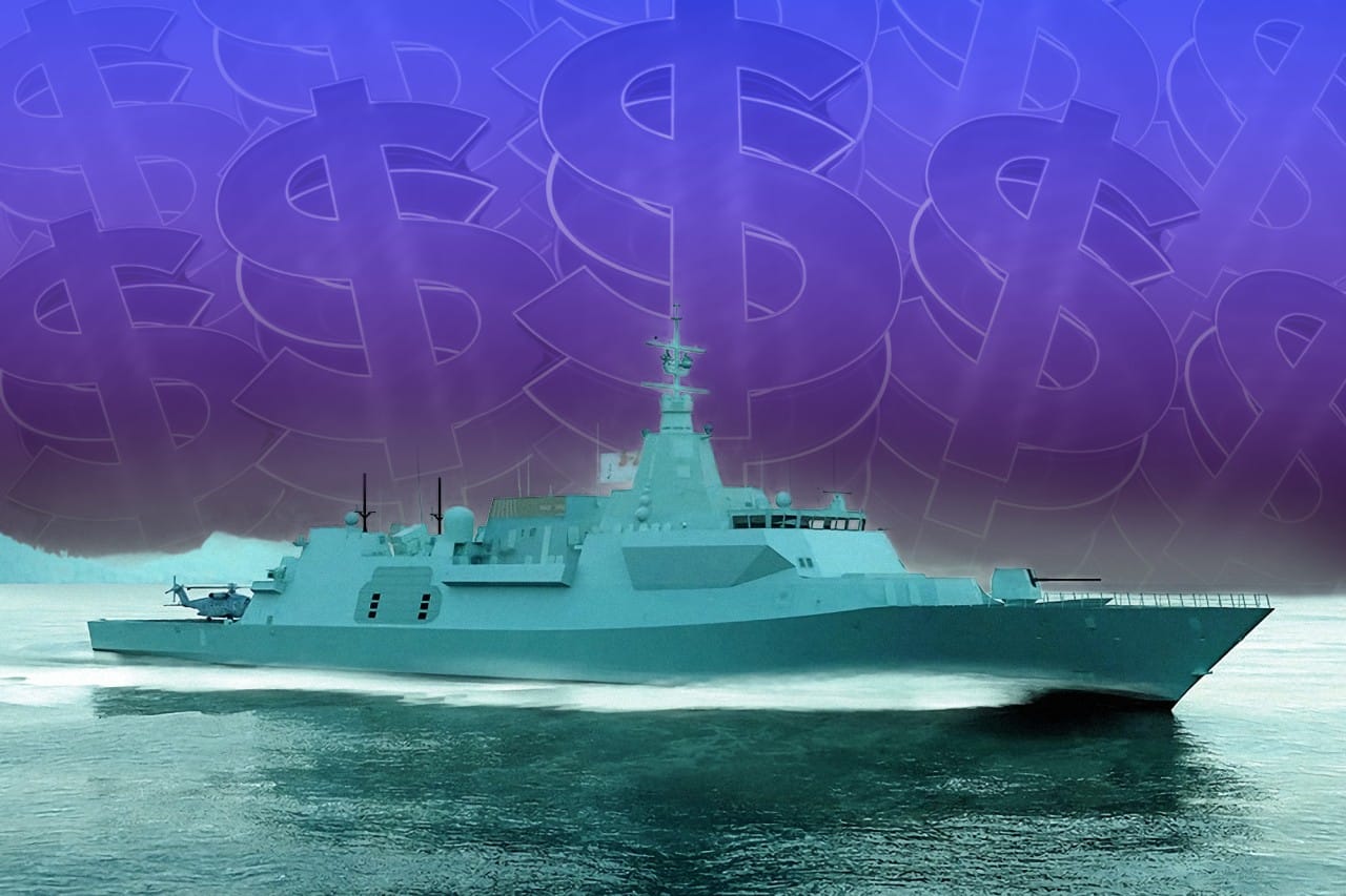 An illustration of the new warships that Irving Shipbuilding has been awarded a contract for, with dollar signs in the background.