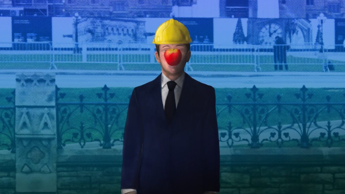 An image of Pierre Poilievre with an apple floating in front of his face, like the famous painting by Rene Magritte. The background is a blurry Parliament.