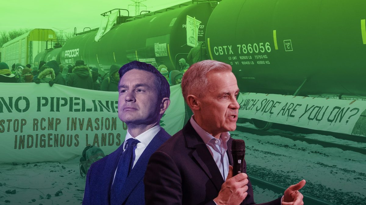 Pierre Poilievre and Mark Carney in the foreground. In the background, an image of a pipeline protest.