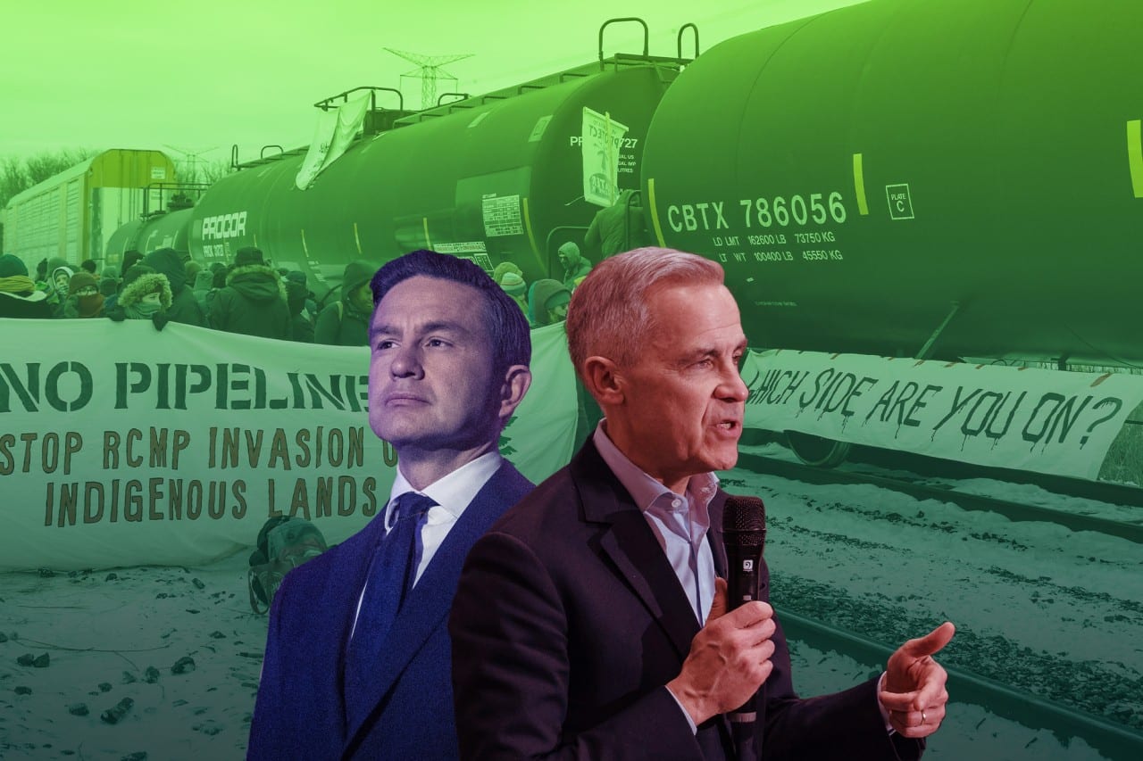 Pierre Poilievre and Mark Carney in the foreground. In the background, an image of a pipeline protest.