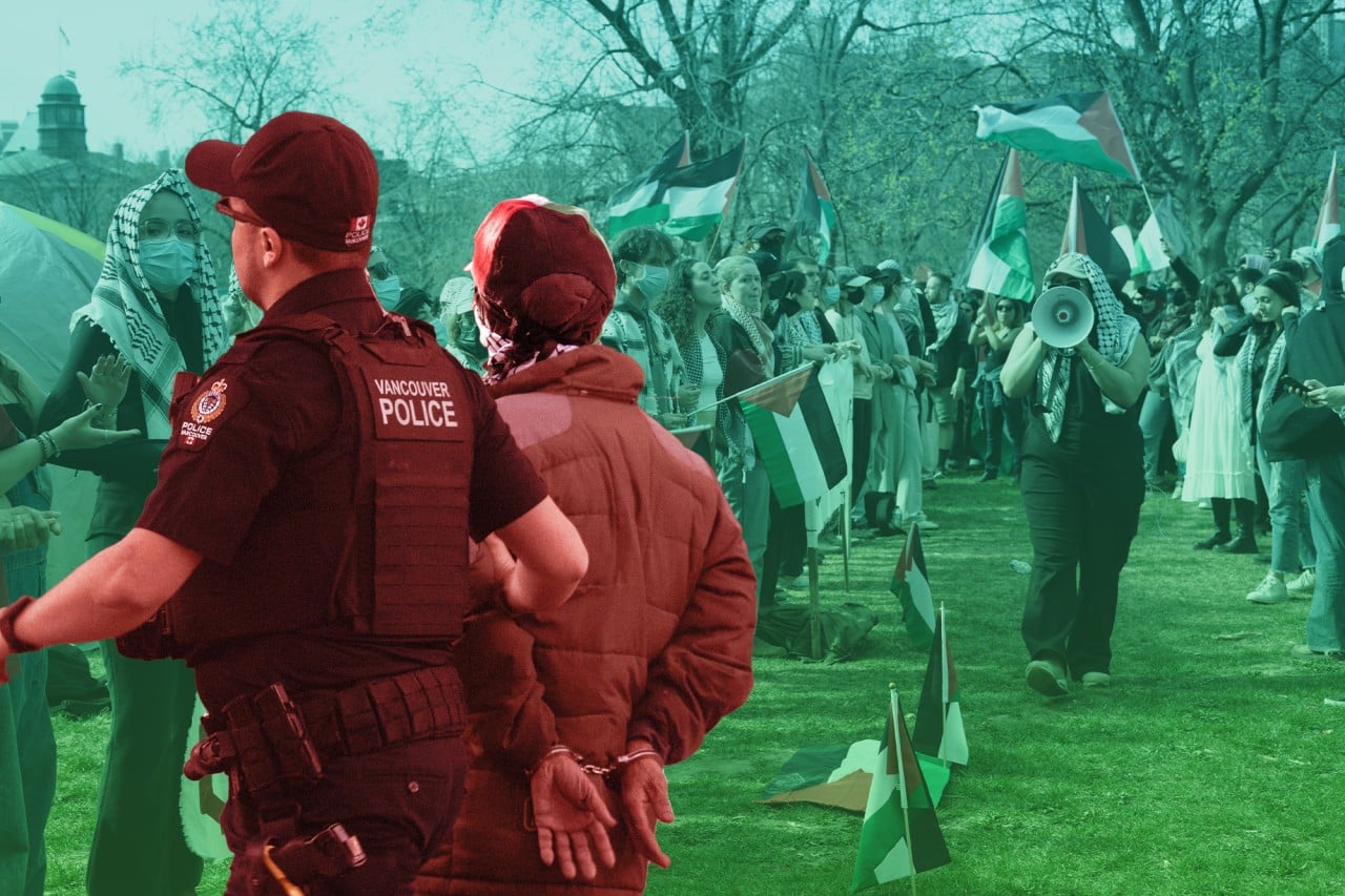 A person in handcuffs is taken away by a police officer. In the background, a pro-Palestine protest.