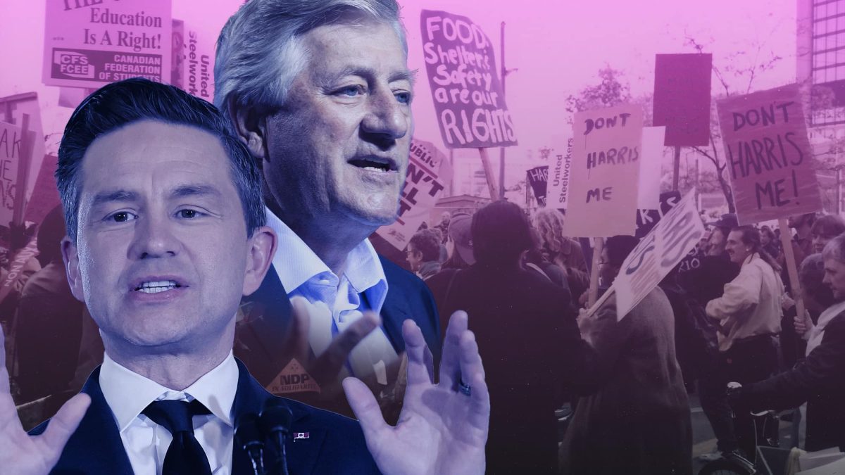 A photo of Pierre Poilievre with Mike Harris behind him, and a backdrop of protests against the Mike Harris government in the mid 1990s