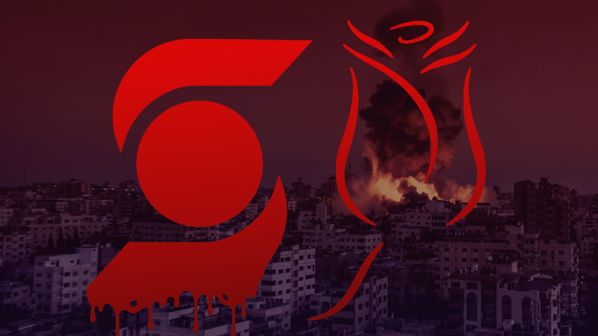 The Scotiabank logo dripping with blood, placed next to the logo for the Giller Prize, with a picture of destruction in Gaza in the background.
