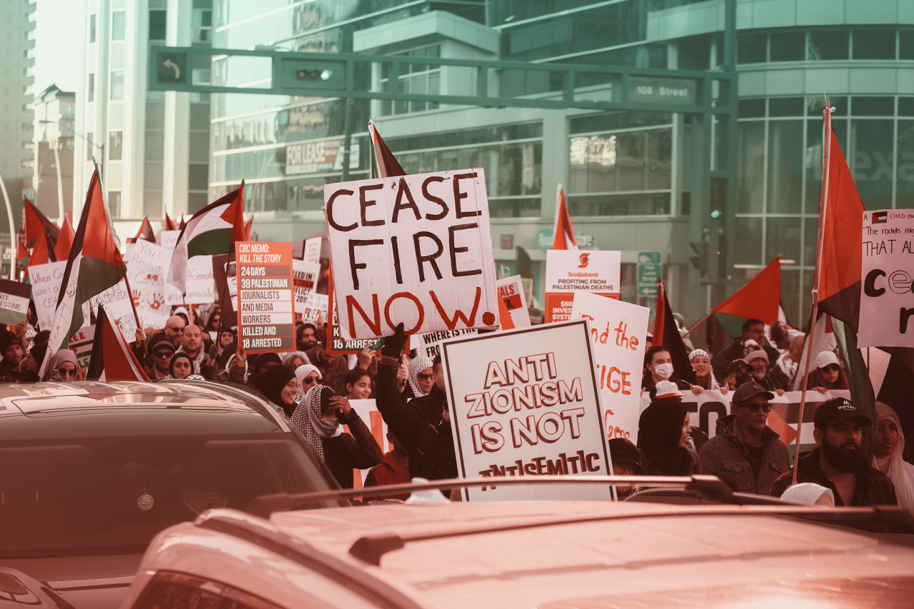 An image of a march for Palestinian liberation in the streets of Toronto