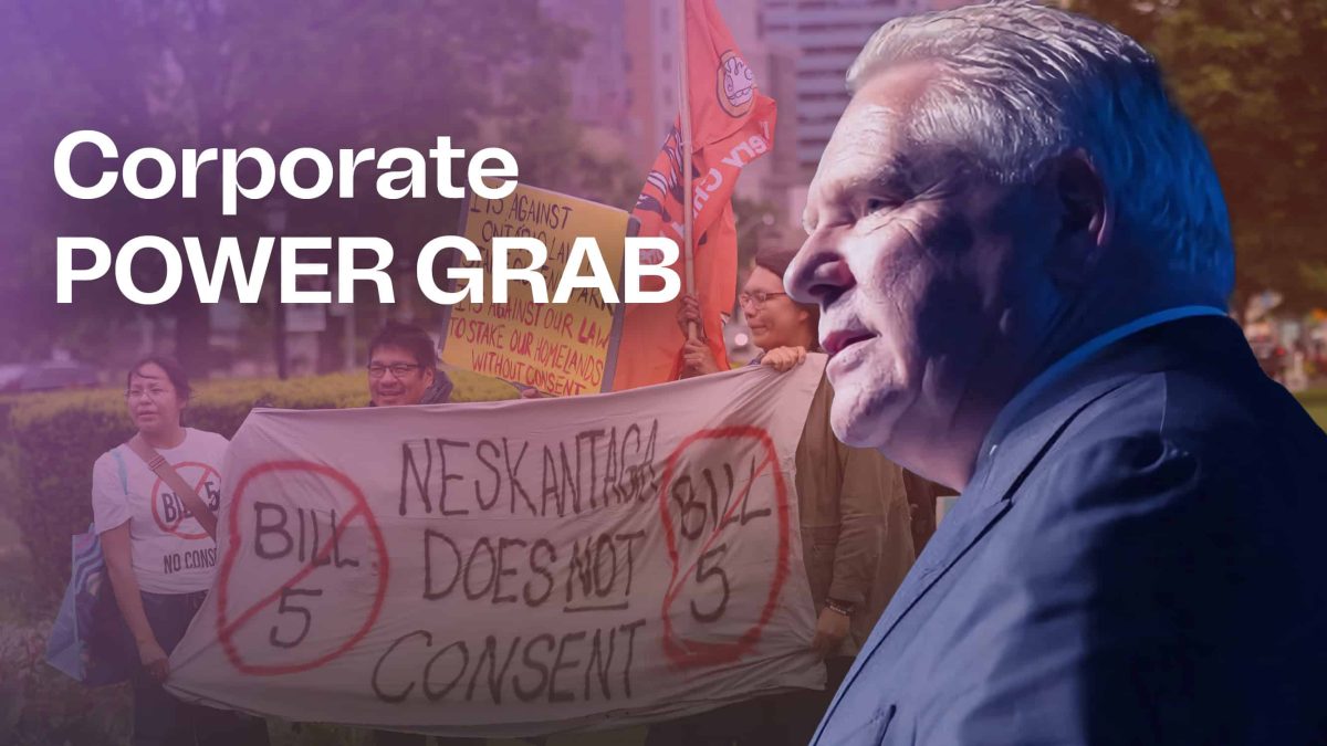 Doug Ford, protestors in the background.