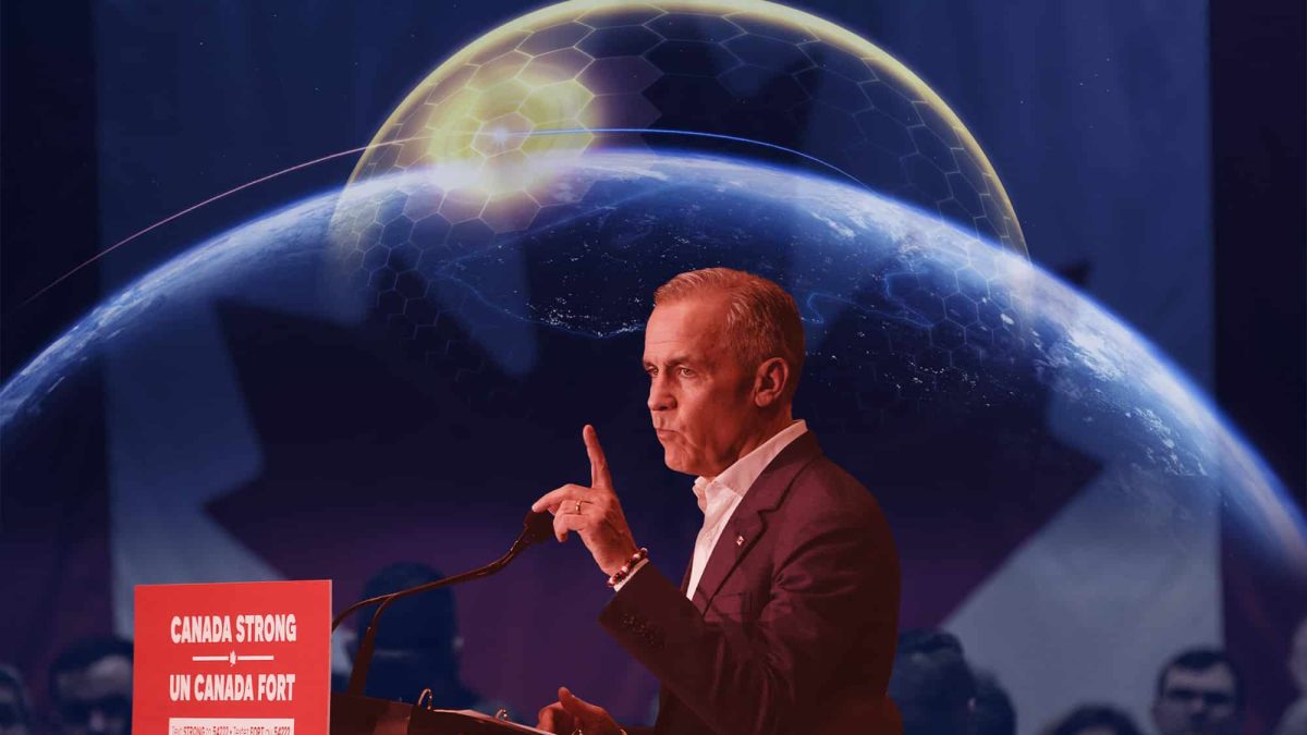 Mark Carney stands in front of a projected map of the 'Golden Dome'