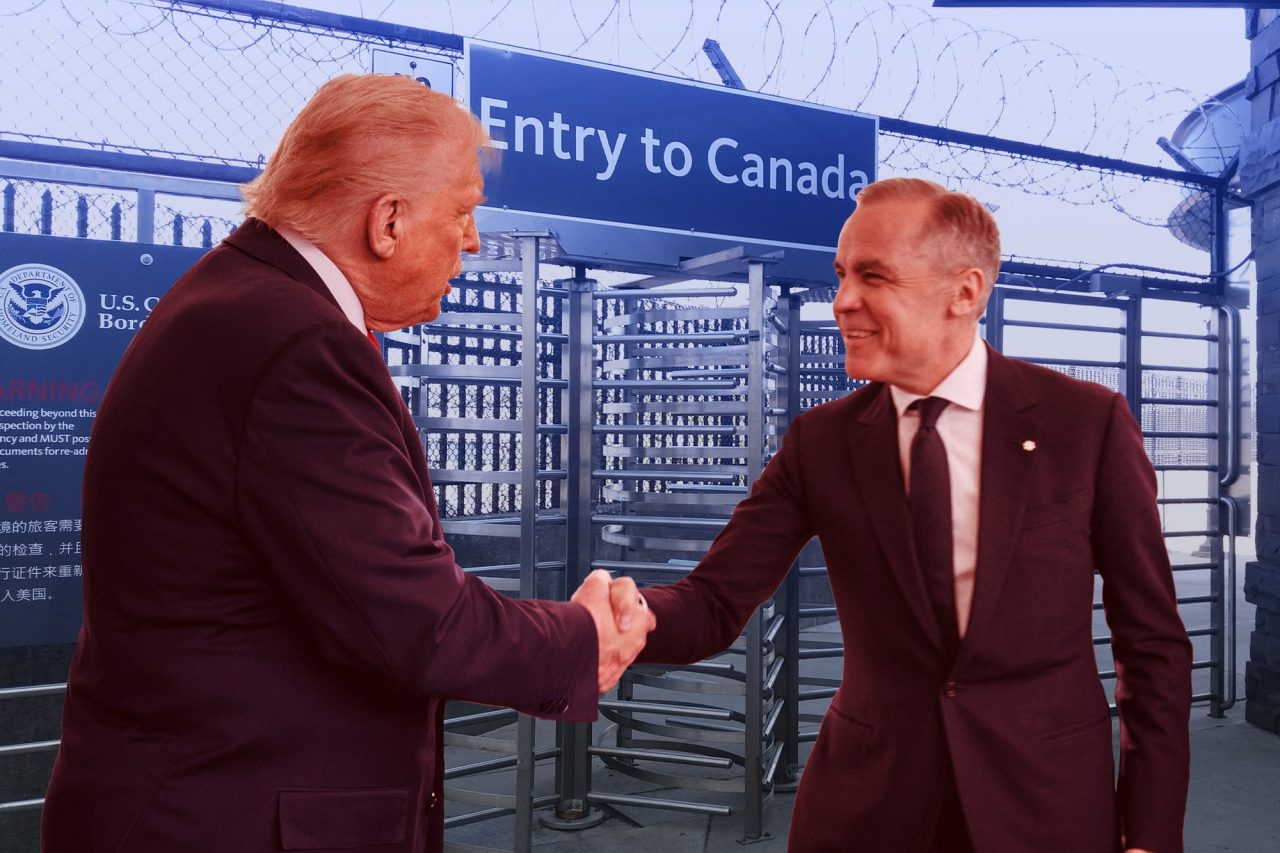 Donald Trump and Mark Carney shake hands in front of an entrypoint to Canada.