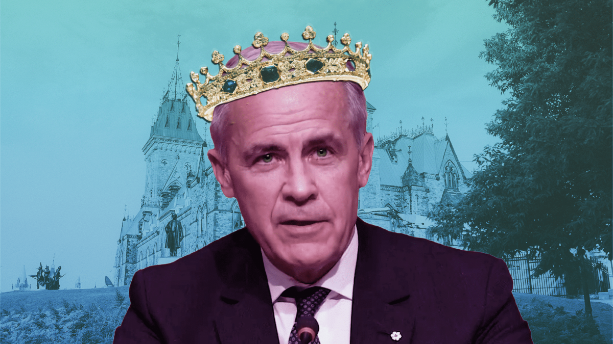 A picture of Mark Carney with a crown on his head, with Parliament Hill in the background