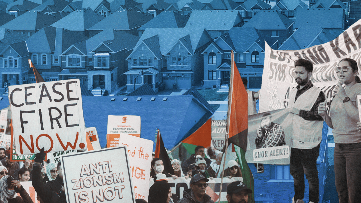 A collage of protestors for various social movements standing in a suburban neighbourhood.