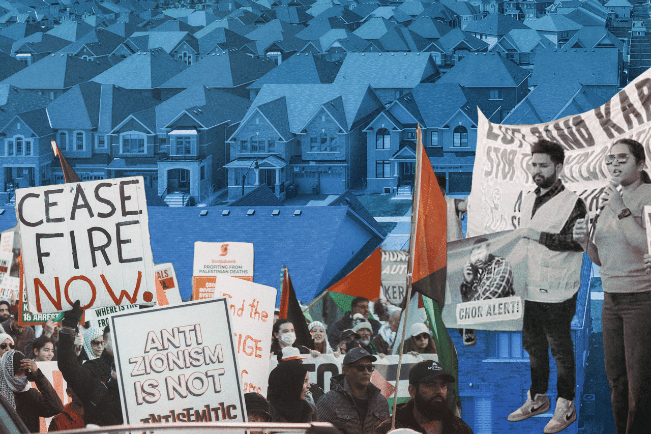 A collage of protestors for various social movements standing in a suburban neighbourhood.