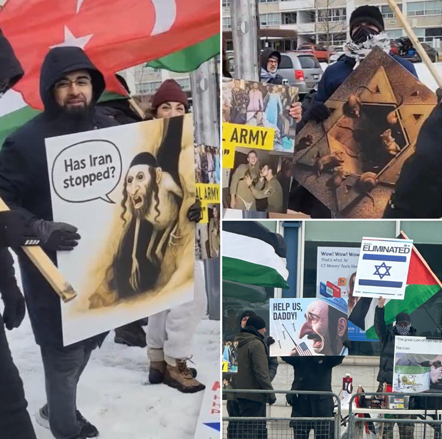 t a protest in Toronto in March, protesters held signs with antisemitic images. Credit: Friends of Simon Wiesenthal Centre
ALT TEXT: Three photos of protesters holding signs: one with a hook-nosed person wearing a kippah emerging from a cave with a speech bubble saying “Has Iran stopped?”; another of a Star of David with rats climbing out of it; another of a distressed hook-nosed person wearing a kippah speaking into a walkie-talking with a U.S. flag on it and saying “Help us, daddy!”
